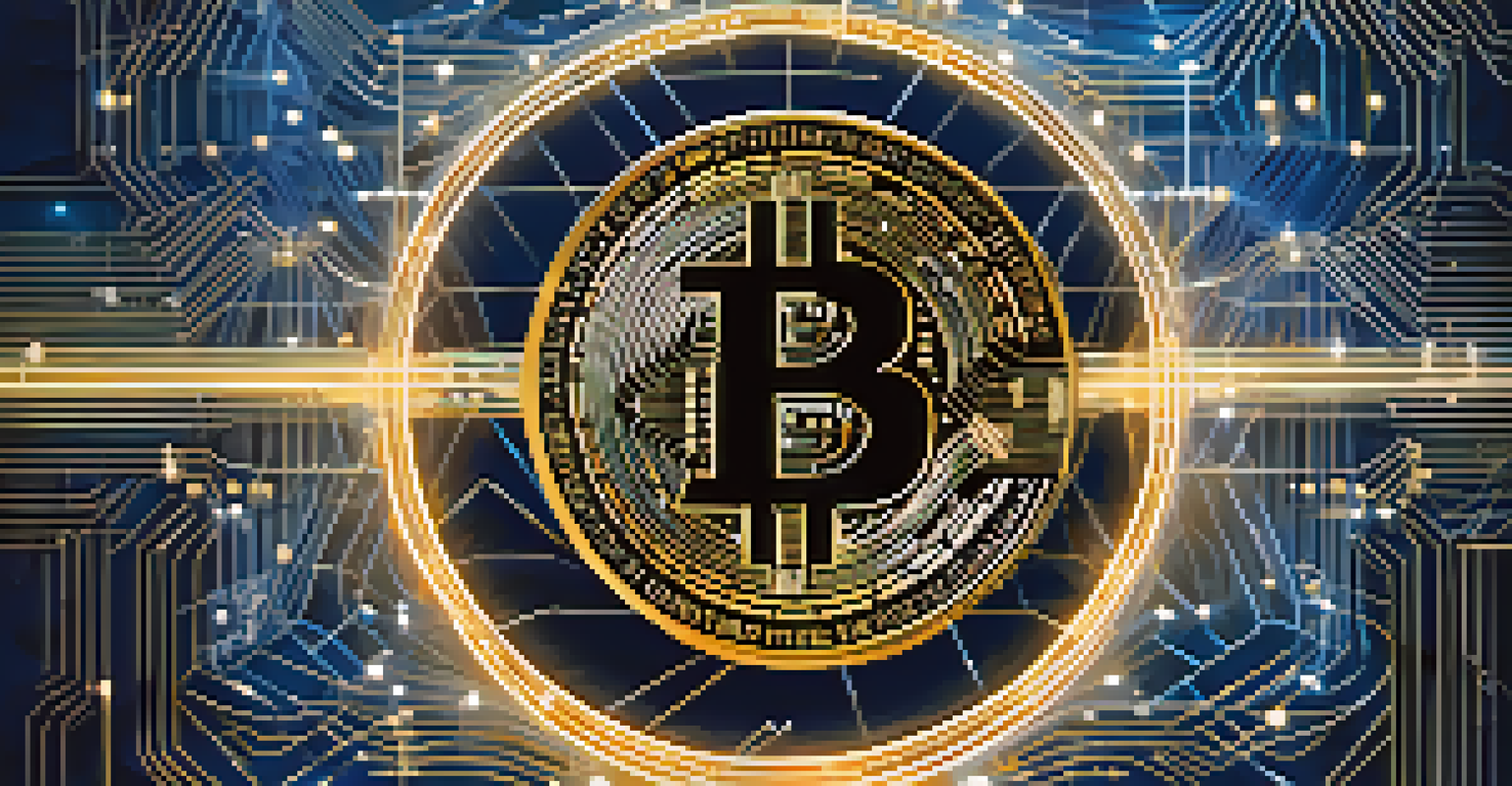 An abstract image of a glowing Bitcoin symbol with digital connections in a blue and gold background.