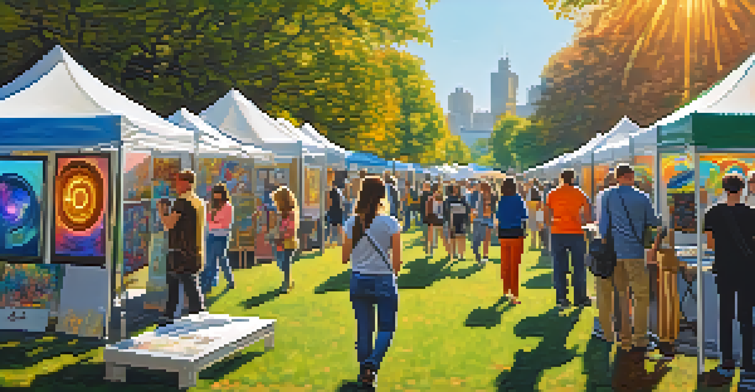 An outdoor art fair in a park with artists, visitors, and banners promoting Bitcoin.