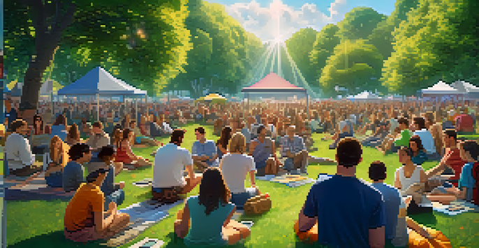 A diverse group of people in a sunny park discussing Bitcoin and cryptocurrency, with a large screen displaying information.