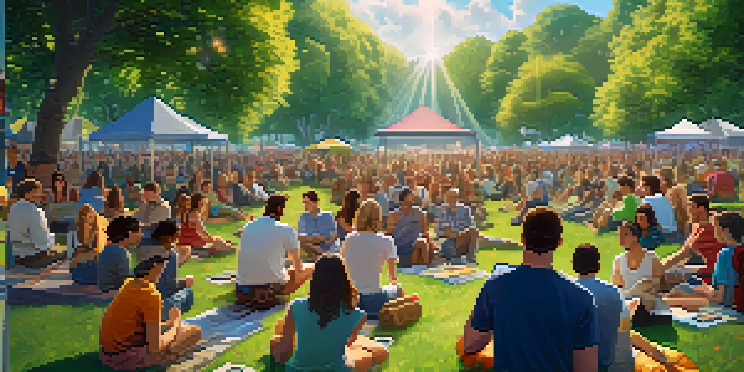A diverse group of people in a sunny park discussing Bitcoin and cryptocurrency, with a large screen displaying information.