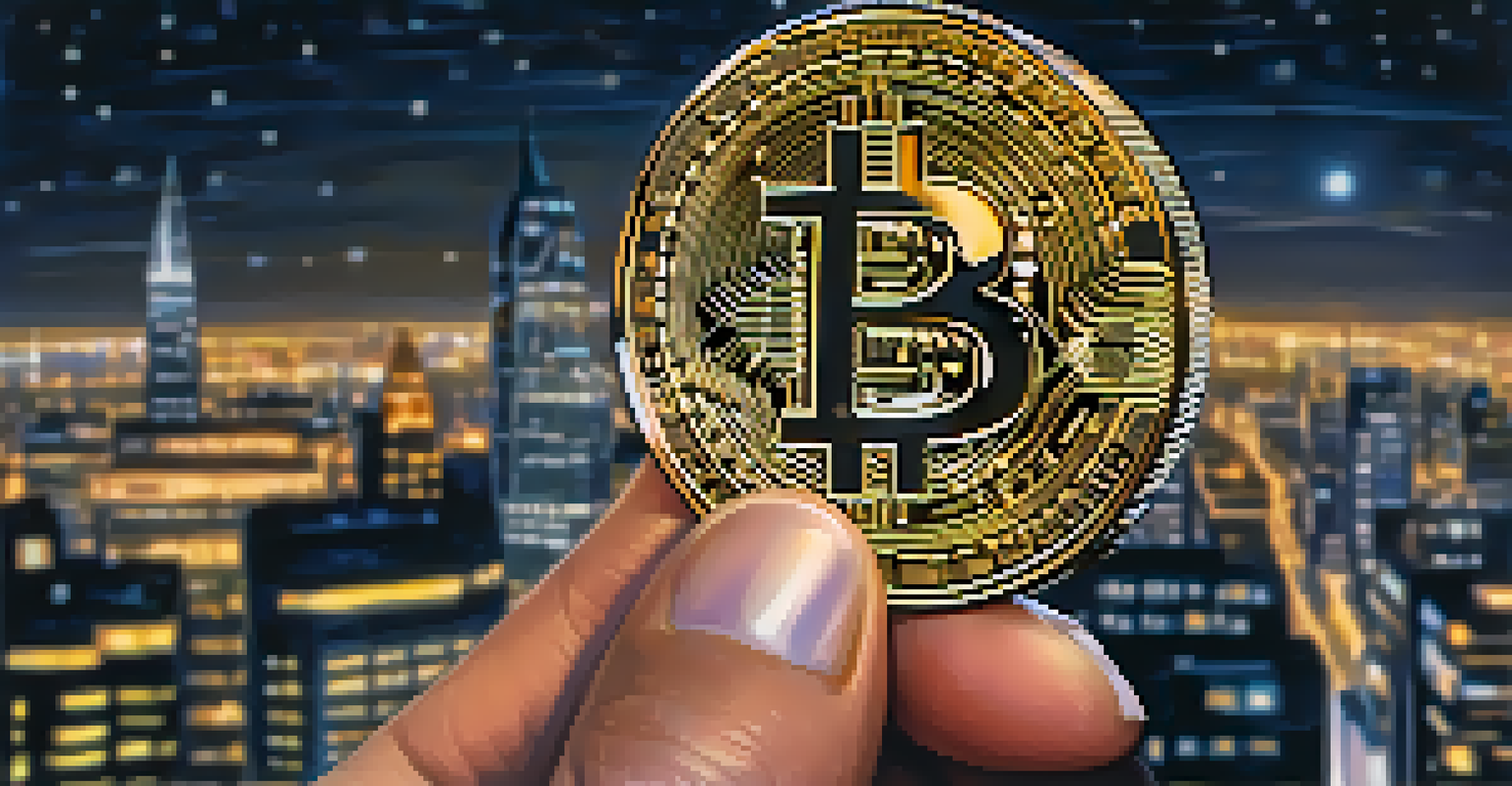 A close-up of a hand holding a Bitcoin with a blurred city skyline in the background, highlighting the connection between cryptocurrency and urban life.