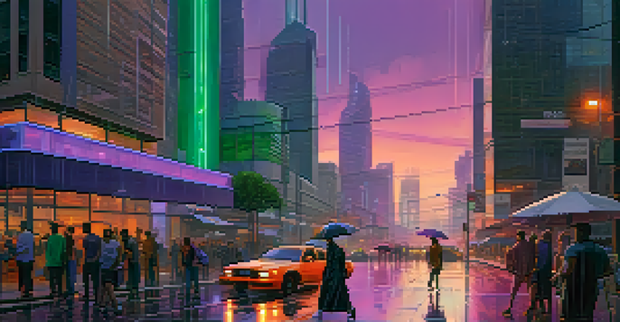 A vibrant futuristic cityscape at dusk with glowing neon lights and a colorful sky.