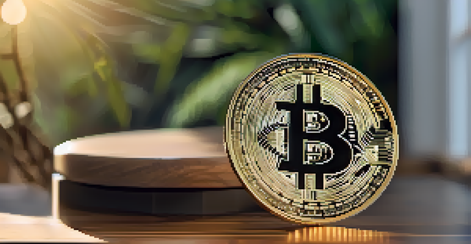 A close-up of a Bitcoin coin on a wooden table with a blurred green background, showcasing its details.