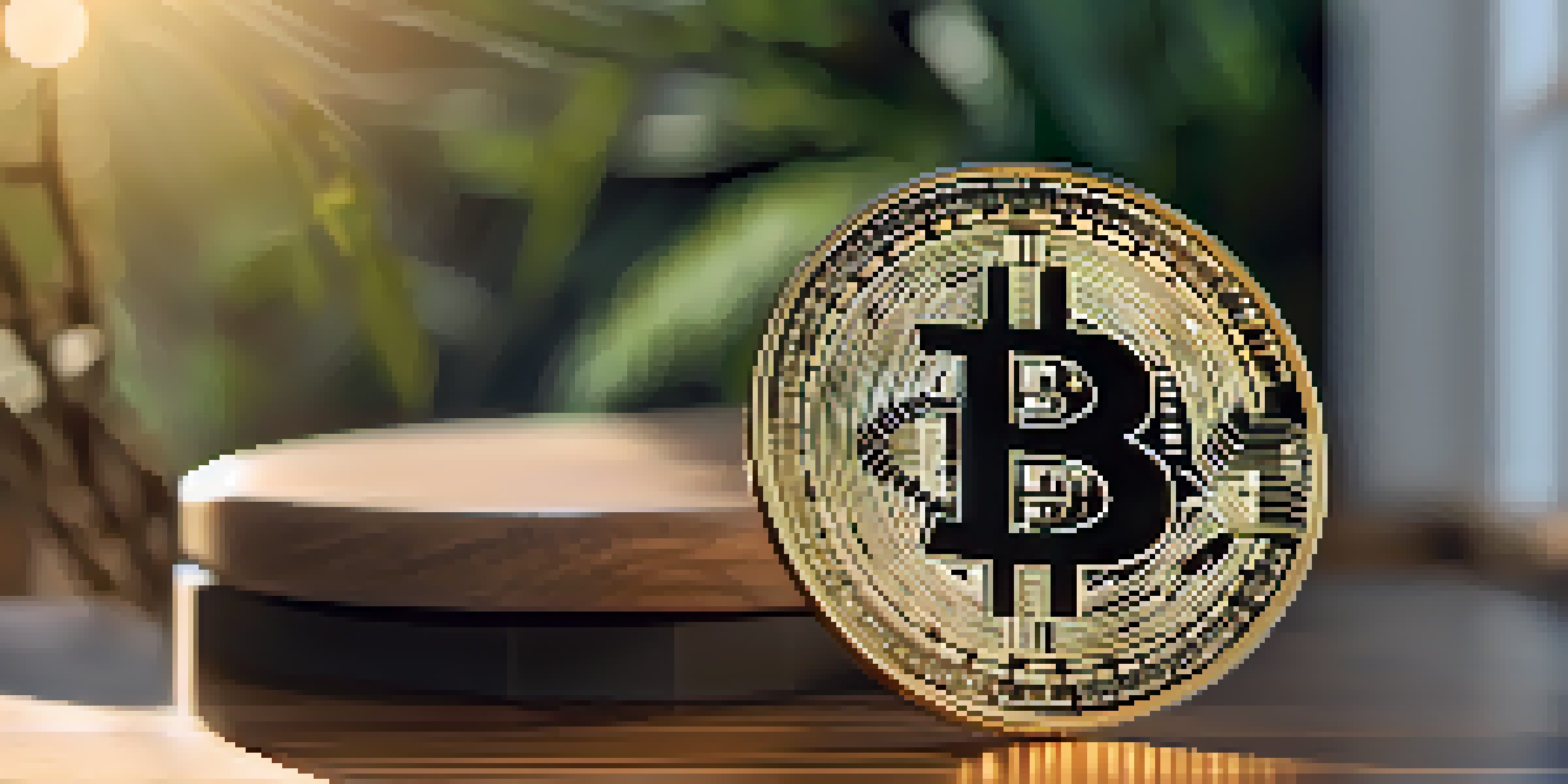 A close-up of a Bitcoin coin on a wooden table with a blurred green background, showcasing its details.