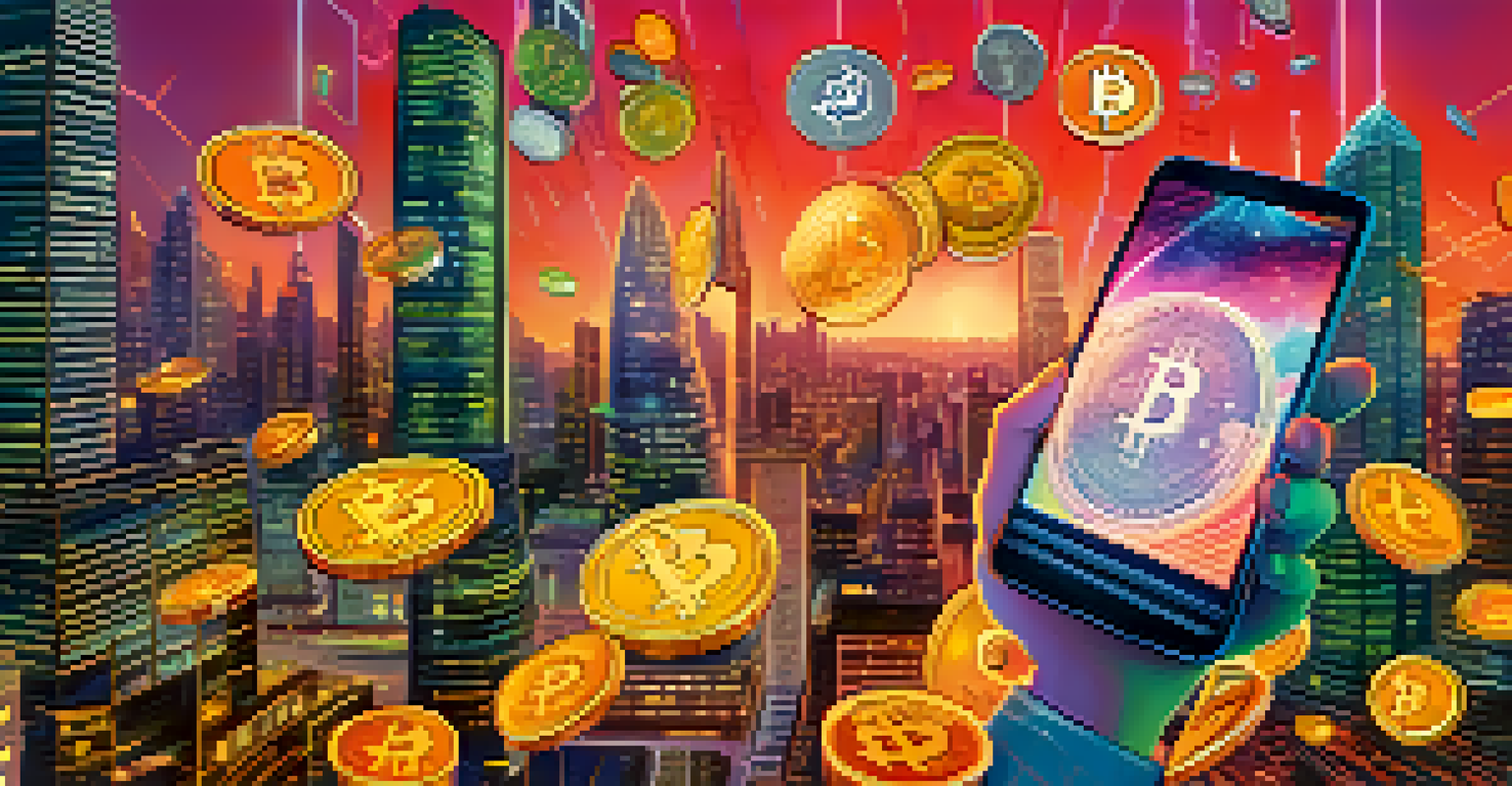 A person using a smartphone to send Bitcoin, surrounded by floating currency symbols and a futuristic city skyline.