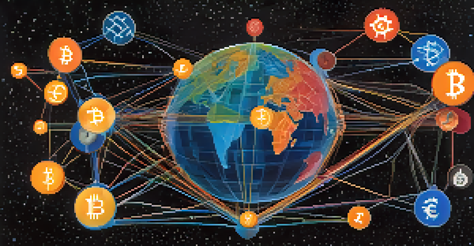 An abstract visualization of global cryptocurrency connections with colorful nodes and lines against a dark background.
