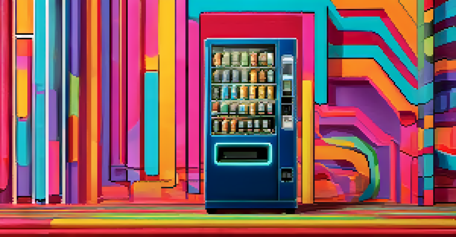 A conceptual vending machine that represents smart contracts, with digital tokens and automatic execution.