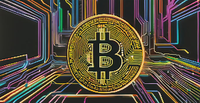 A digital illustration showing the interconnected blocks of Bitcoin's blockchain, with vibrant neon colors and glowing lines.