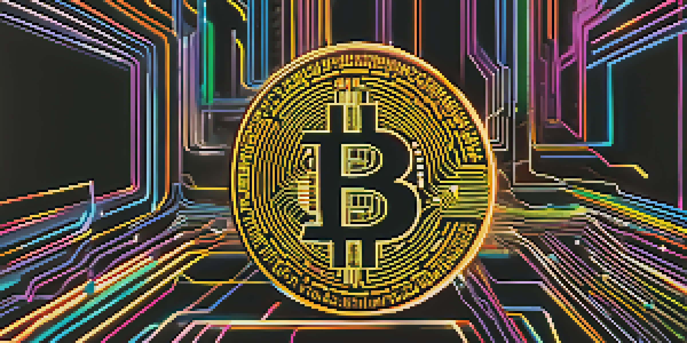 A digital illustration showing the interconnected blocks of Bitcoin's blockchain, with vibrant neon colors and glowing lines.
