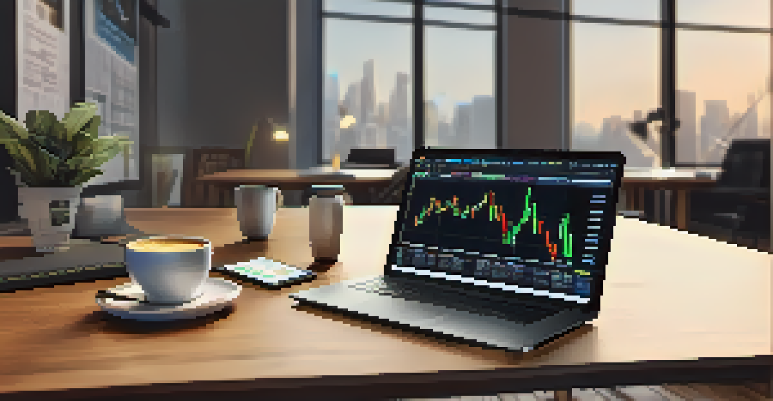 A laptop showing Bitcoin price charts on a desk with a coffee cup and notepad, in a bright office environment.