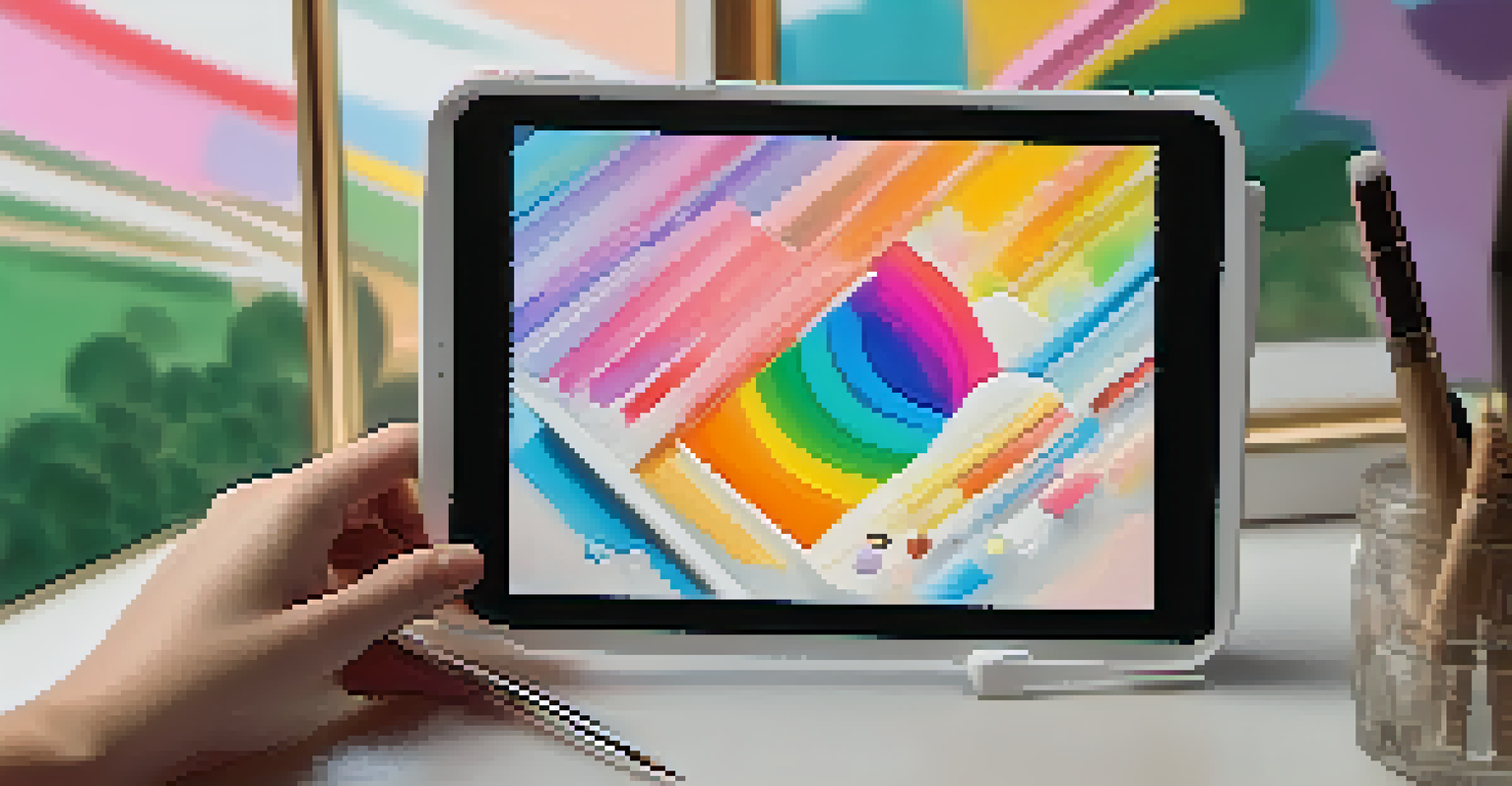 A close-up view of a digital tablet showing an NFT artwork, with a hand holding a stylus and abstract art in the background.