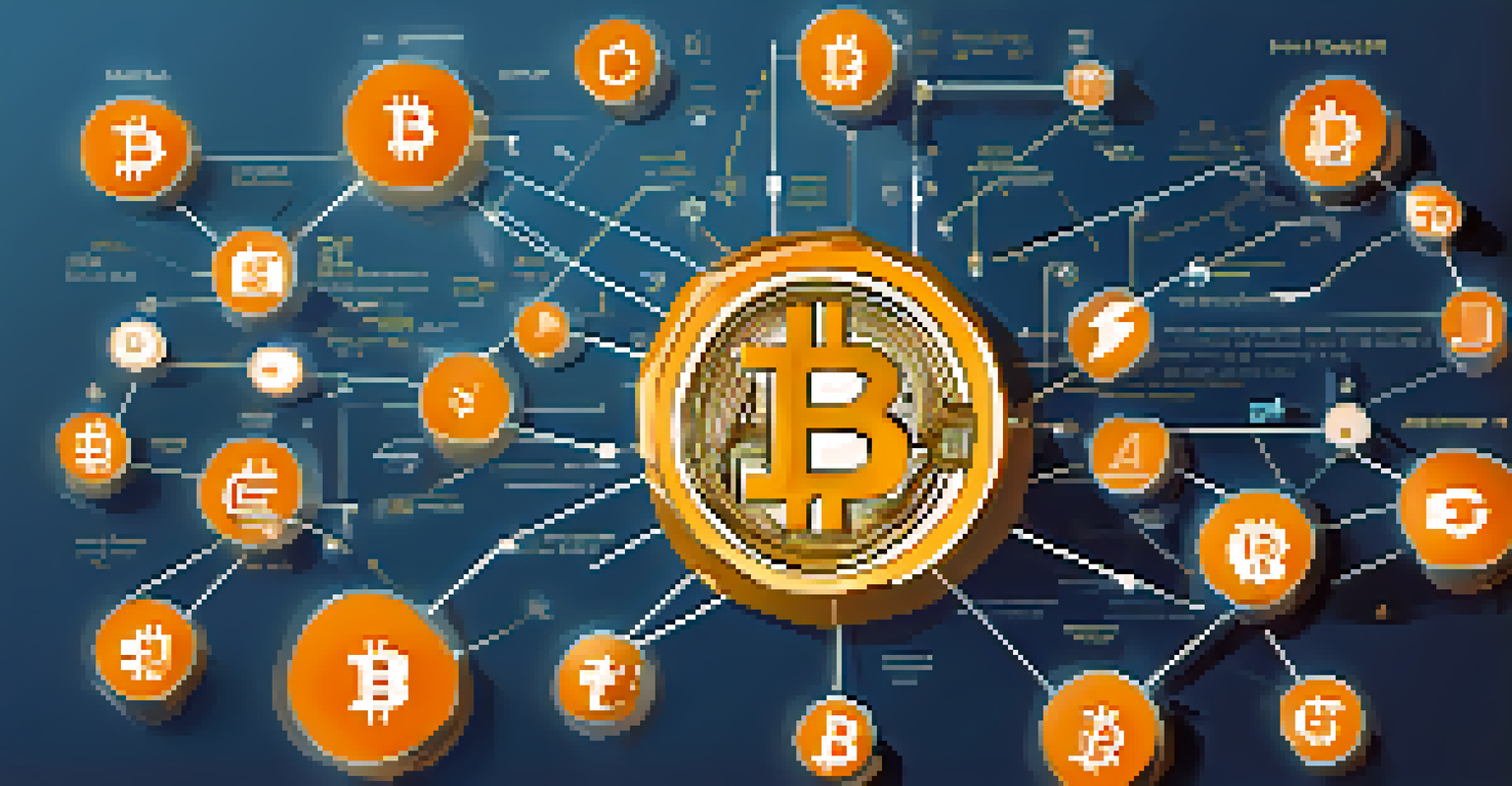 An infographic illustrating Bitcoin with various digital asset icons branching from a central Bitcoin coin.