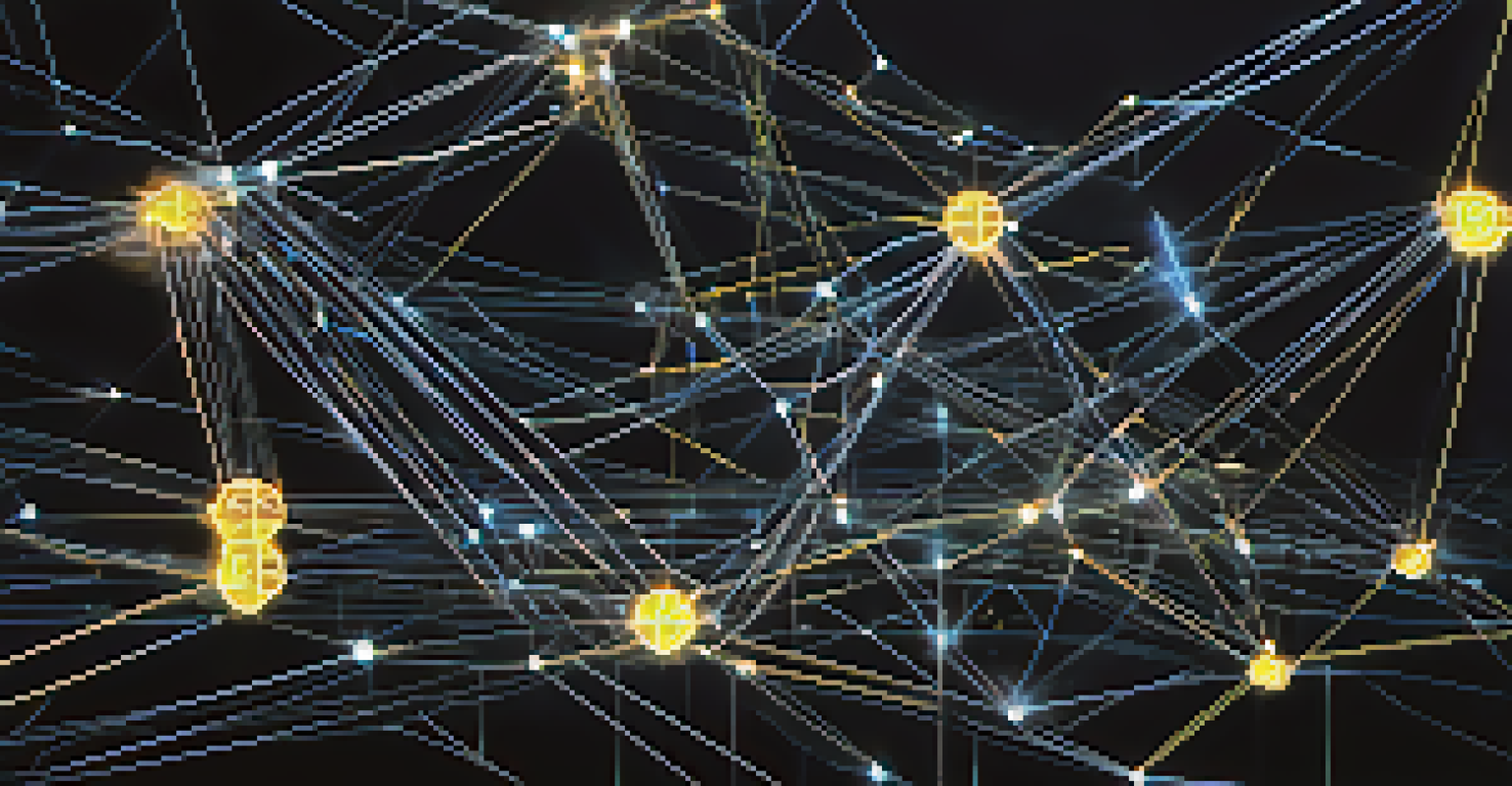 A digital blockchain network with glowing nodes and lines on a dark background, illustrating transparency and security of Bitcoin.