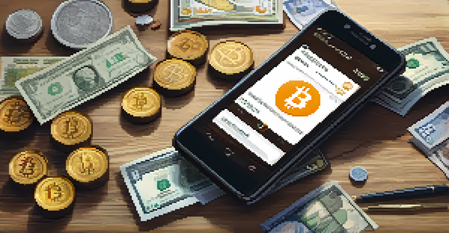 A smartphone showing a Bitcoin wallet app next to traditional currency, highlighting digital finance.
