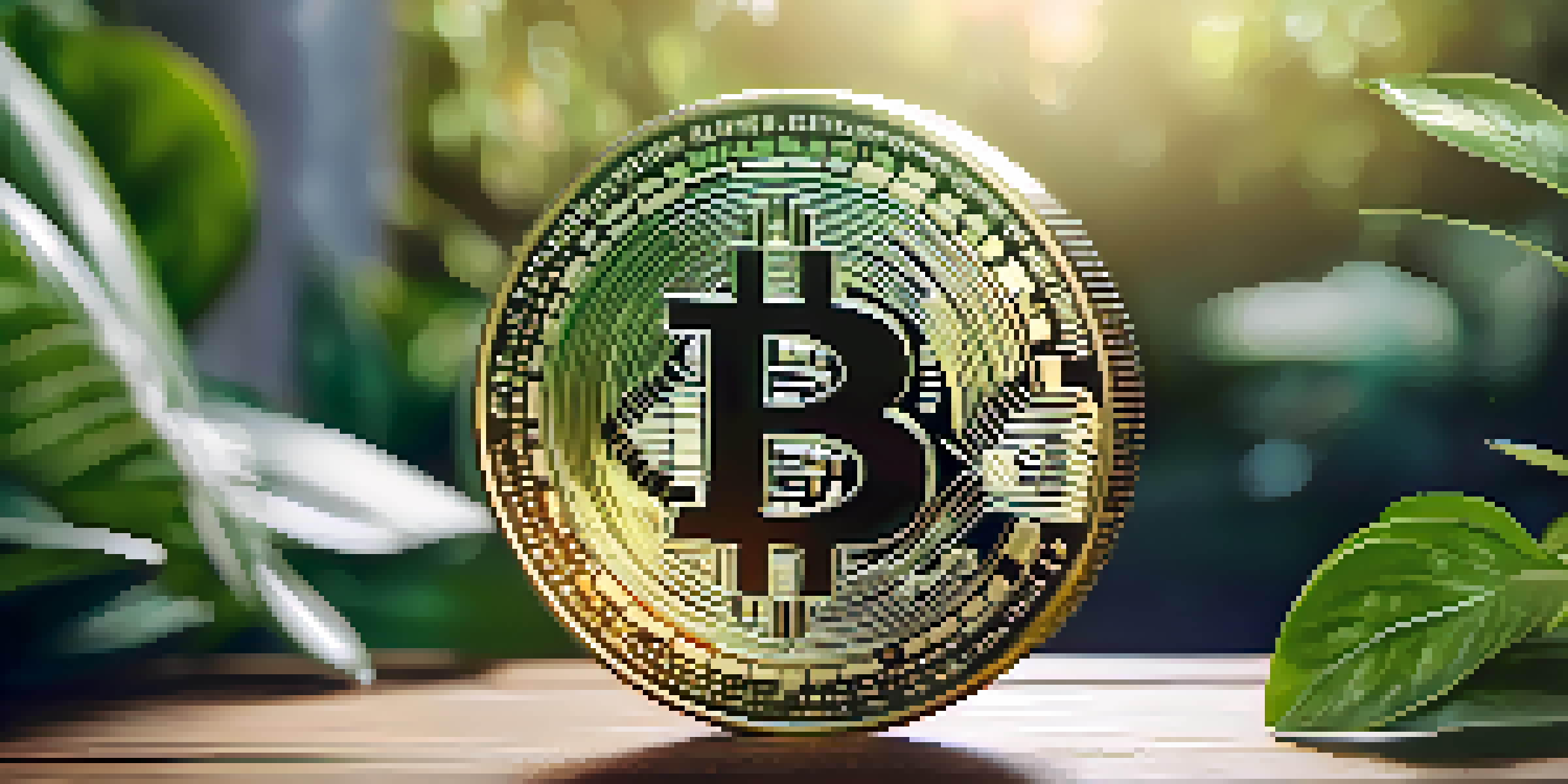 A Bitcoin Cash coin on a wooden table with green plants in the background, illuminated by sunlight.