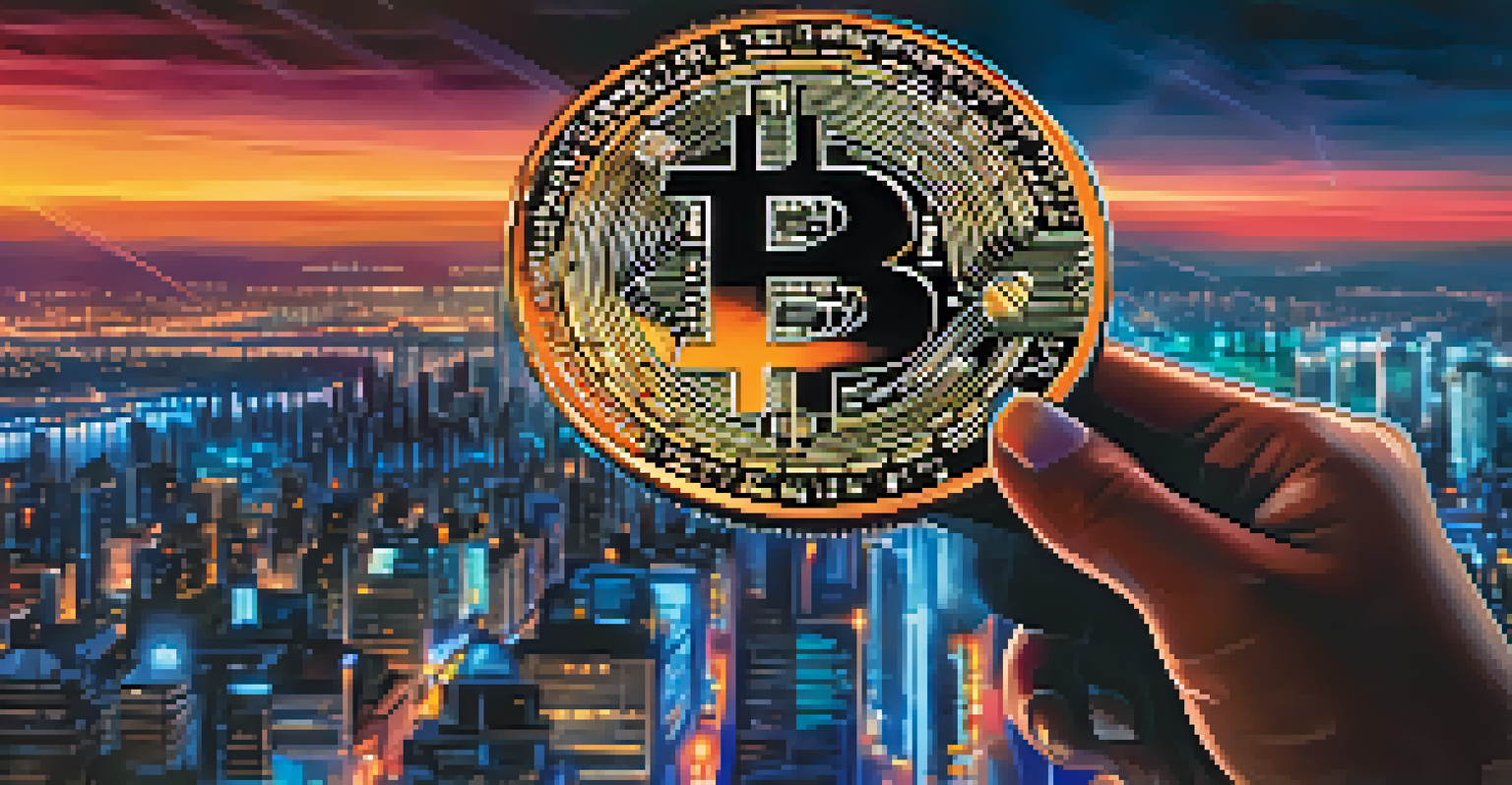 A hand holding a shining Bitcoin symbol in front of a neon-lit futuristic city skyline.