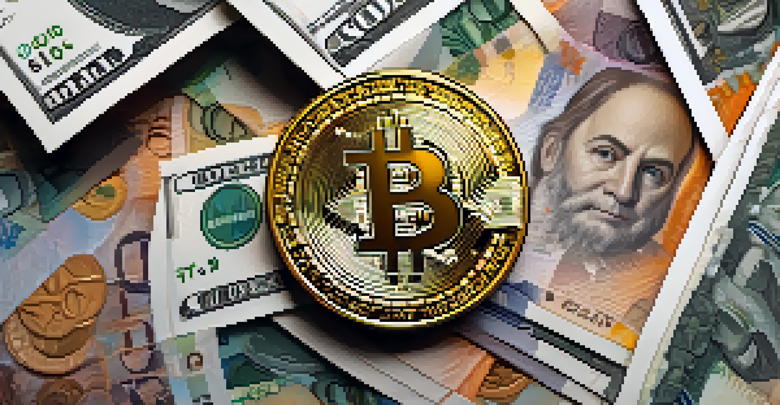 A close-up of a bitcoin coin on top of different currency notes and coins.