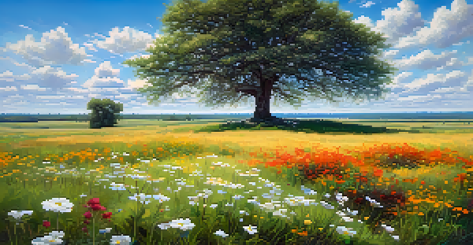 A peaceful landscape with a colorful field of wildflowers, a lone tree, and a bright blue sky with fluffy clouds.