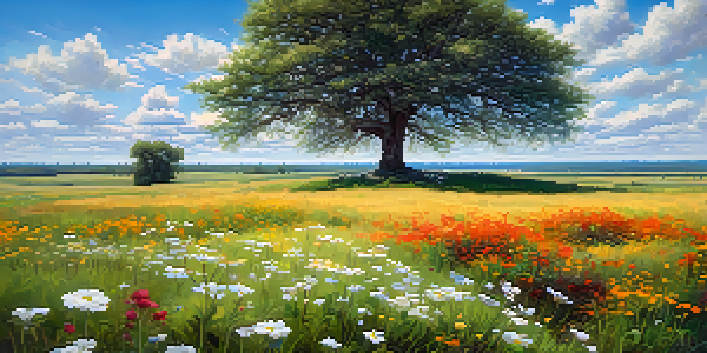 A peaceful landscape with a colorful field of wildflowers, a lone tree, and a bright blue sky with fluffy clouds.
