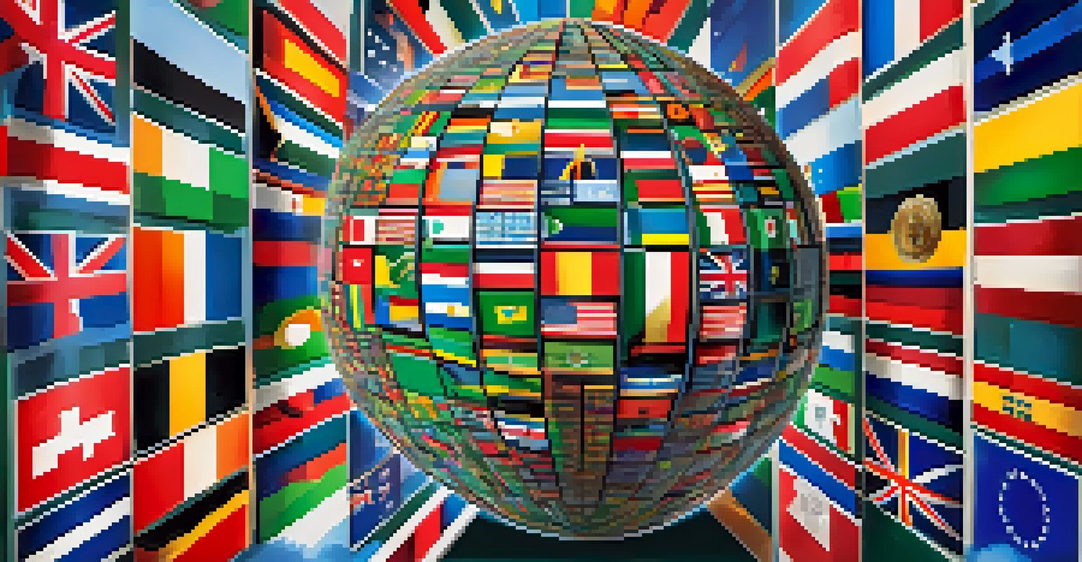 A globe with national flags and digital elements representing Bitcoin's global acceptance, featuring a vibrant color palette.