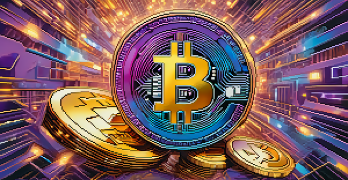 An abstract illustration of Bitcoin and NFTs combined, with vibrant colors and dynamic lighting.