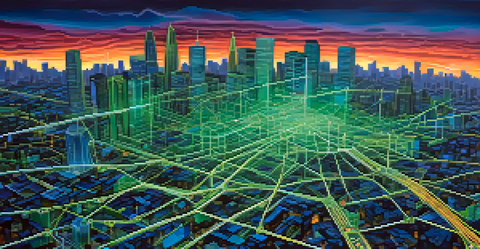 An abstract visualization of Bitcoin's decentralized network with interconnected nodes and circuits, set against a city skyline at dusk with vibrant colors.