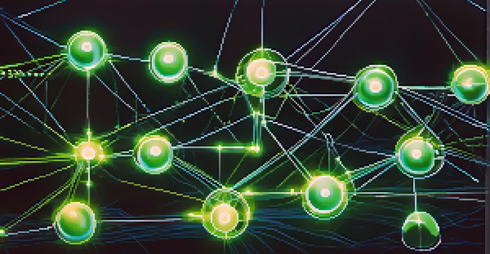 A close-up view of a blockchain network with glowing nodes and connecting lines, depicting the decentralized structure of blockchain technology.