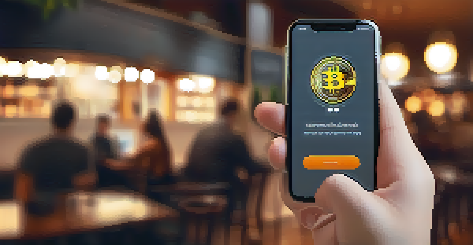 A hand holding a smartphone with a Bitcoin wallet app in a café, symbolizing modern financial transactions.