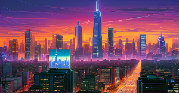 A vibrant city at dusk with neon lights and diverse people gathered around a digital display of Bitcoin prices.