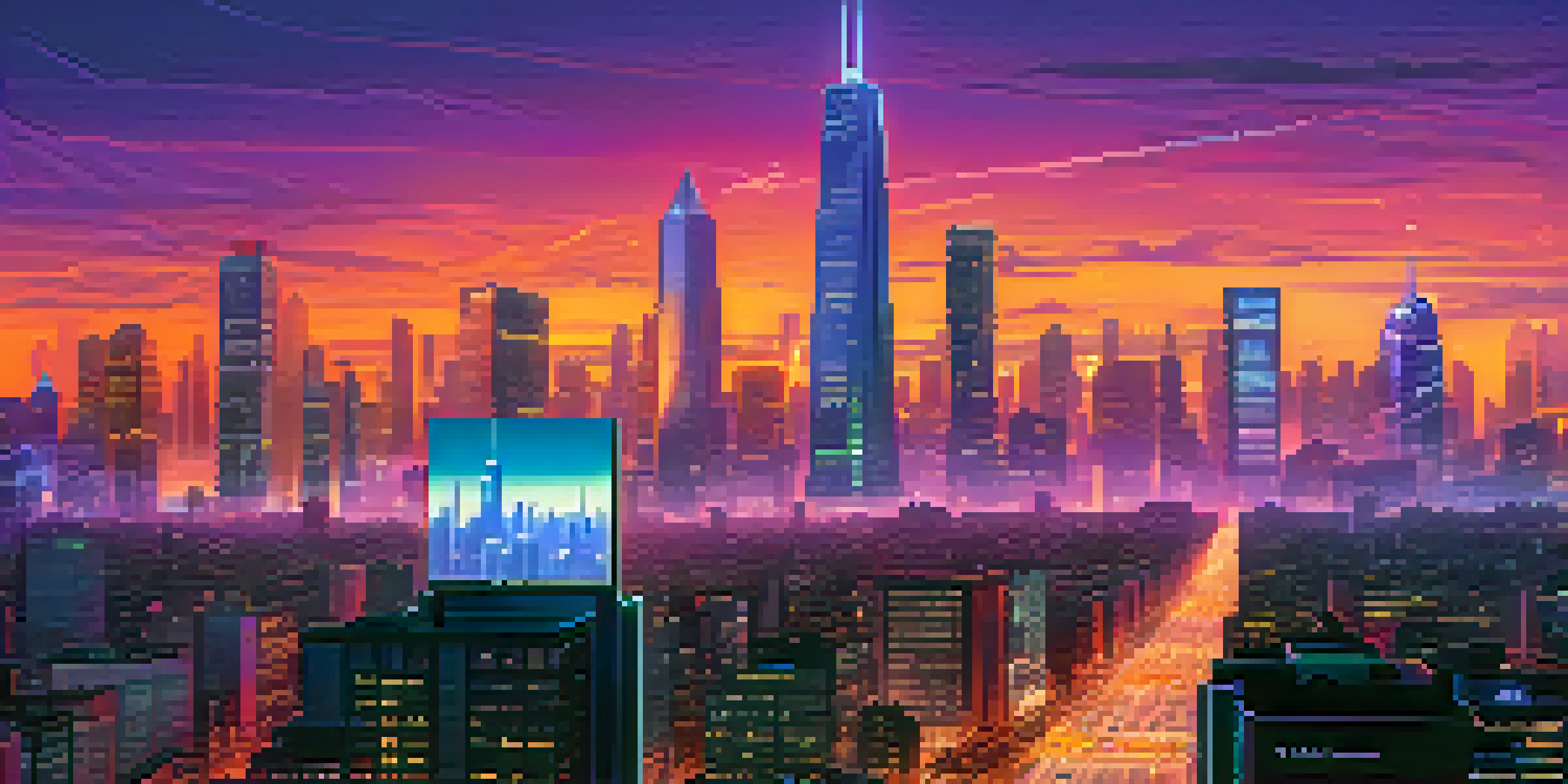 A vibrant city at dusk with neon lights and diverse people gathered around a digital display of Bitcoin prices.