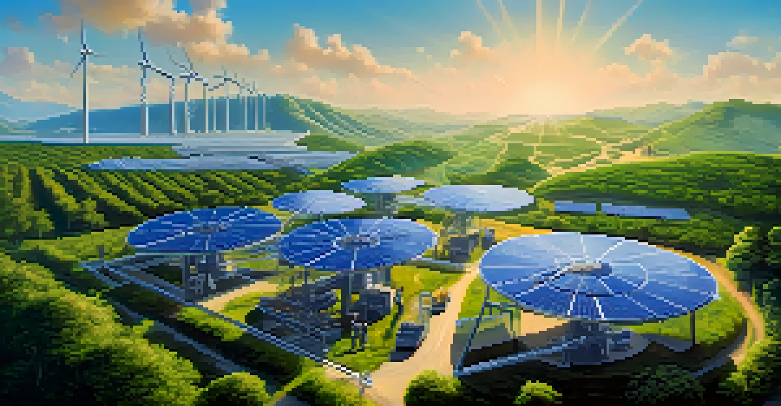 A sustainable Bitcoin mining operation using renewable energy sources in a beautiful landscape.