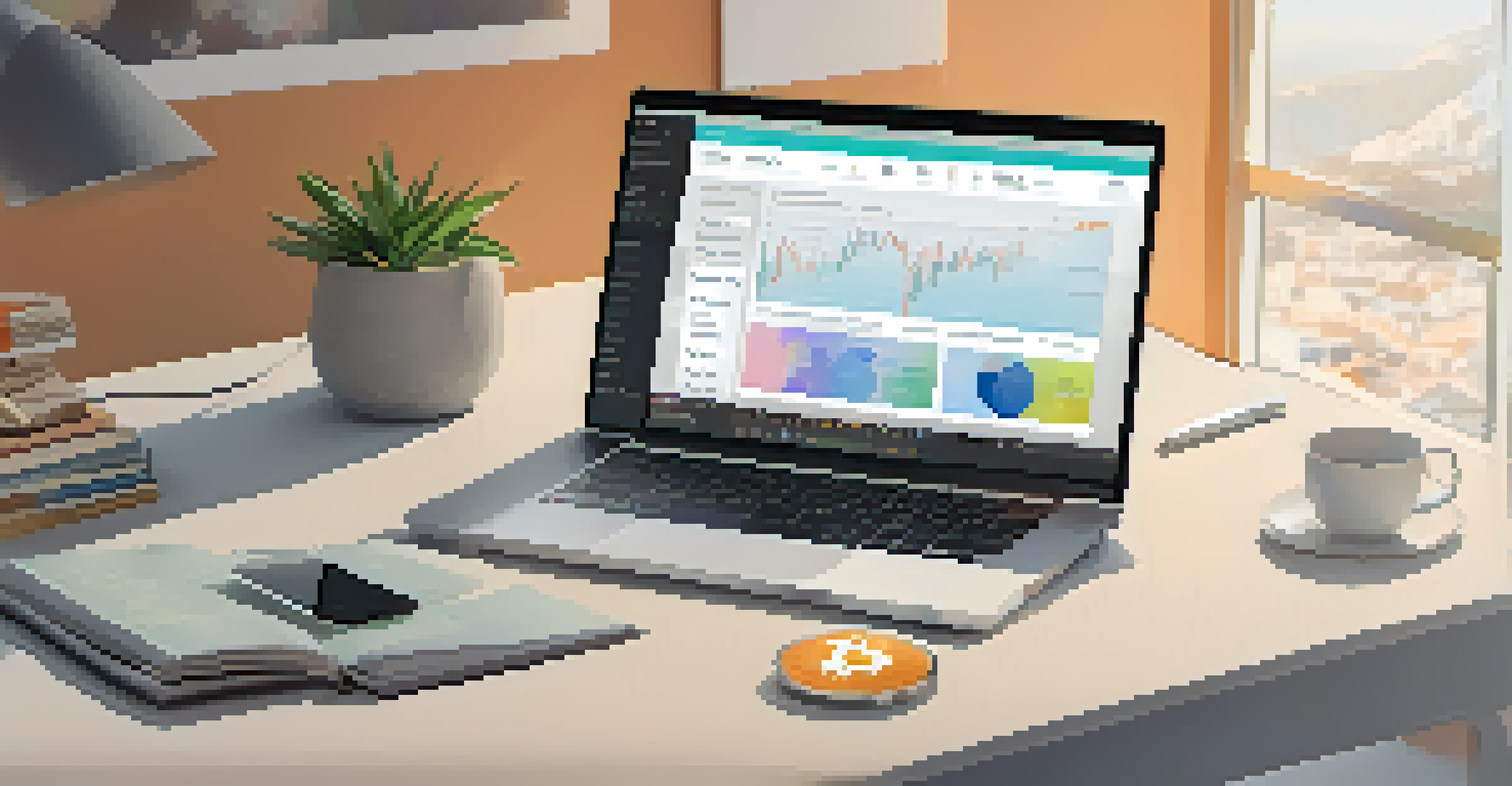 An onboarding tutorial for a Bitcoin trading platform displayed on a laptop, featuring interactive tooltips and a calm office background in light pastel colors.