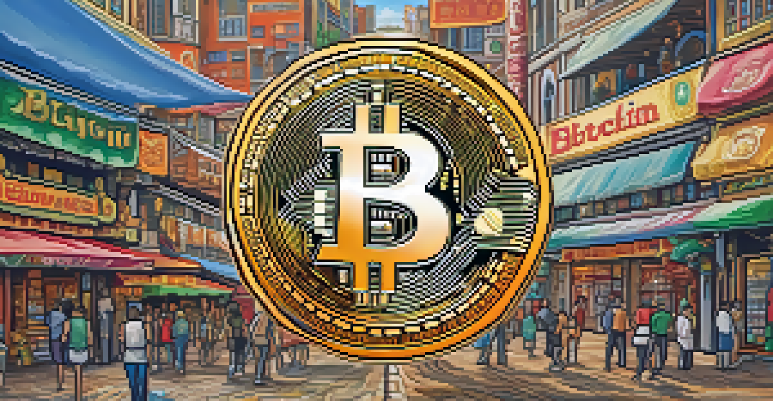 A Bitcoin logo intertwined with traditional currency symbols from different countries, set in a vibrant marketplace.