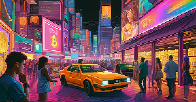 A futuristic cityscape at night with neon lights and diverse people interacting with holographic displays of NFTs in a vibrant marketplace.