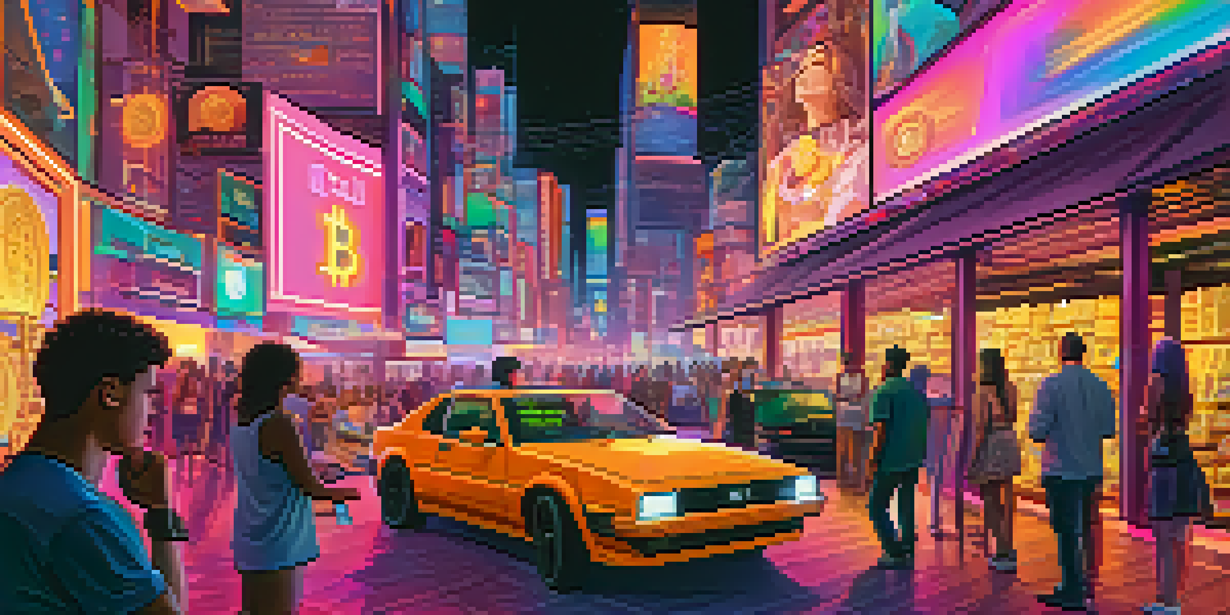 A futuristic cityscape at night with neon lights and diverse people interacting with holographic displays of NFTs in a vibrant marketplace.