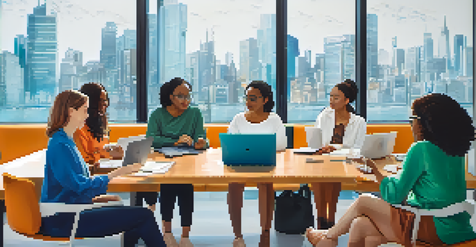 A diverse group of women discussing Bitcoin and digital finance in a modern office setting with technology devices and a city skyline visible through large windows.