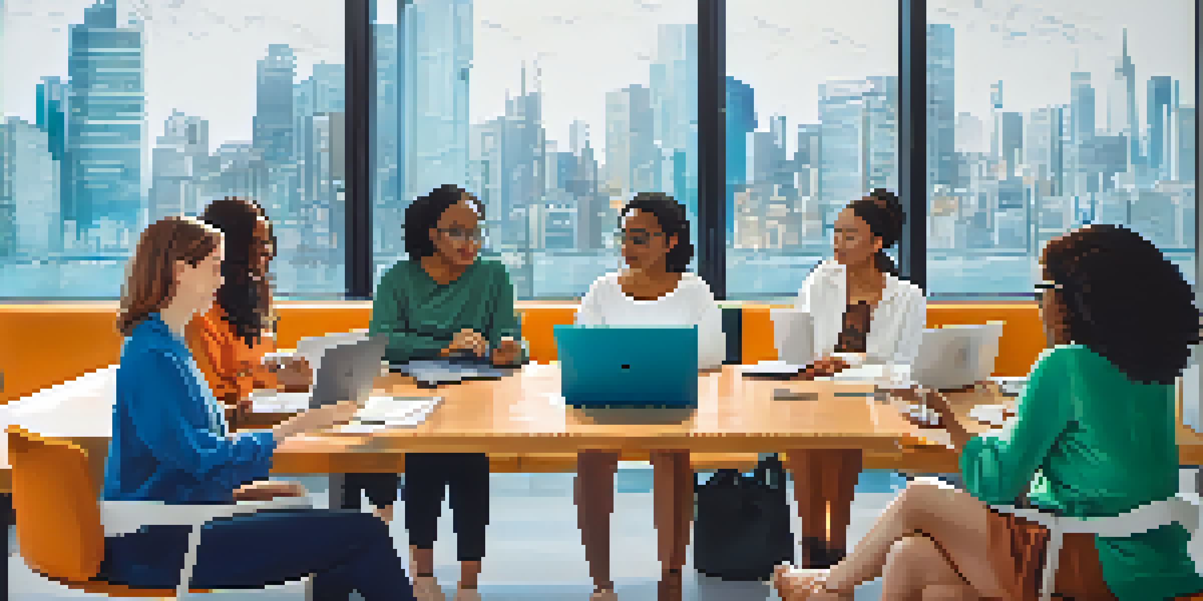 A diverse group of women discussing Bitcoin and digital finance in a modern office setting with technology devices and a city skyline visible through large windows.
