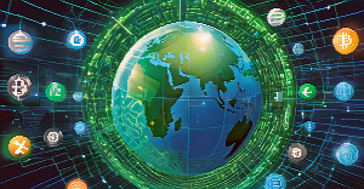 A globe surrounded by cryptocurrency symbols, illuminated against a digital network backdrop in blue and green hues.