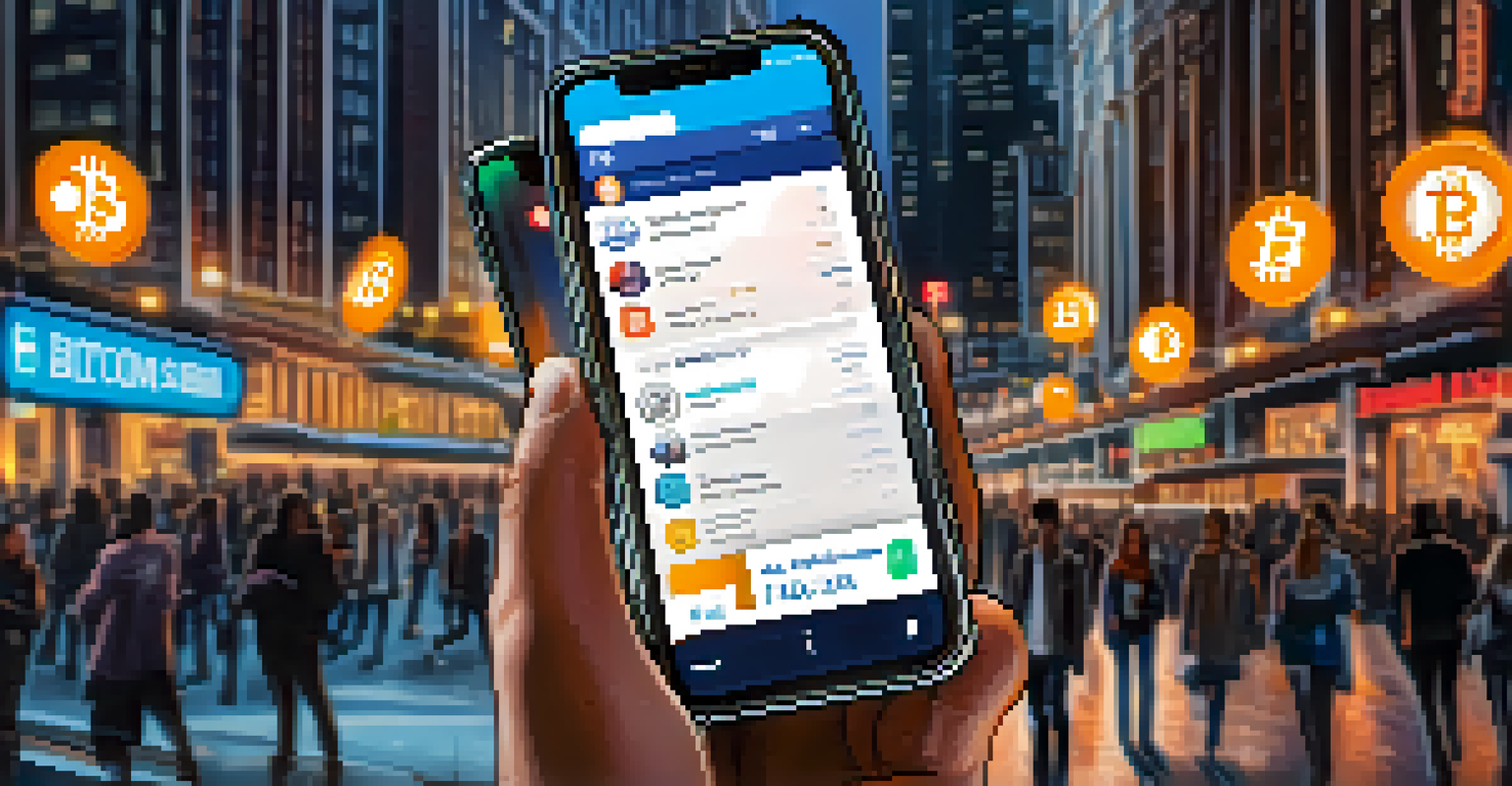 A close-up of a smartphone with a Bitcoin wallet app, showing transactions against a busy city street backdrop.