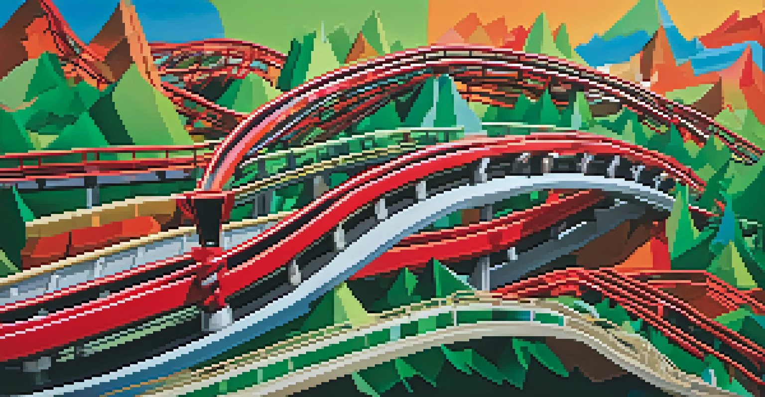An abstract rollercoaster symbolizing emotional trading with vibrant colors representing market emotions.