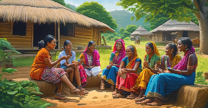 A diverse group of women in a rural village discussing Bitcoin transactions around a mobile phone, with greenery and traditional huts in the background.