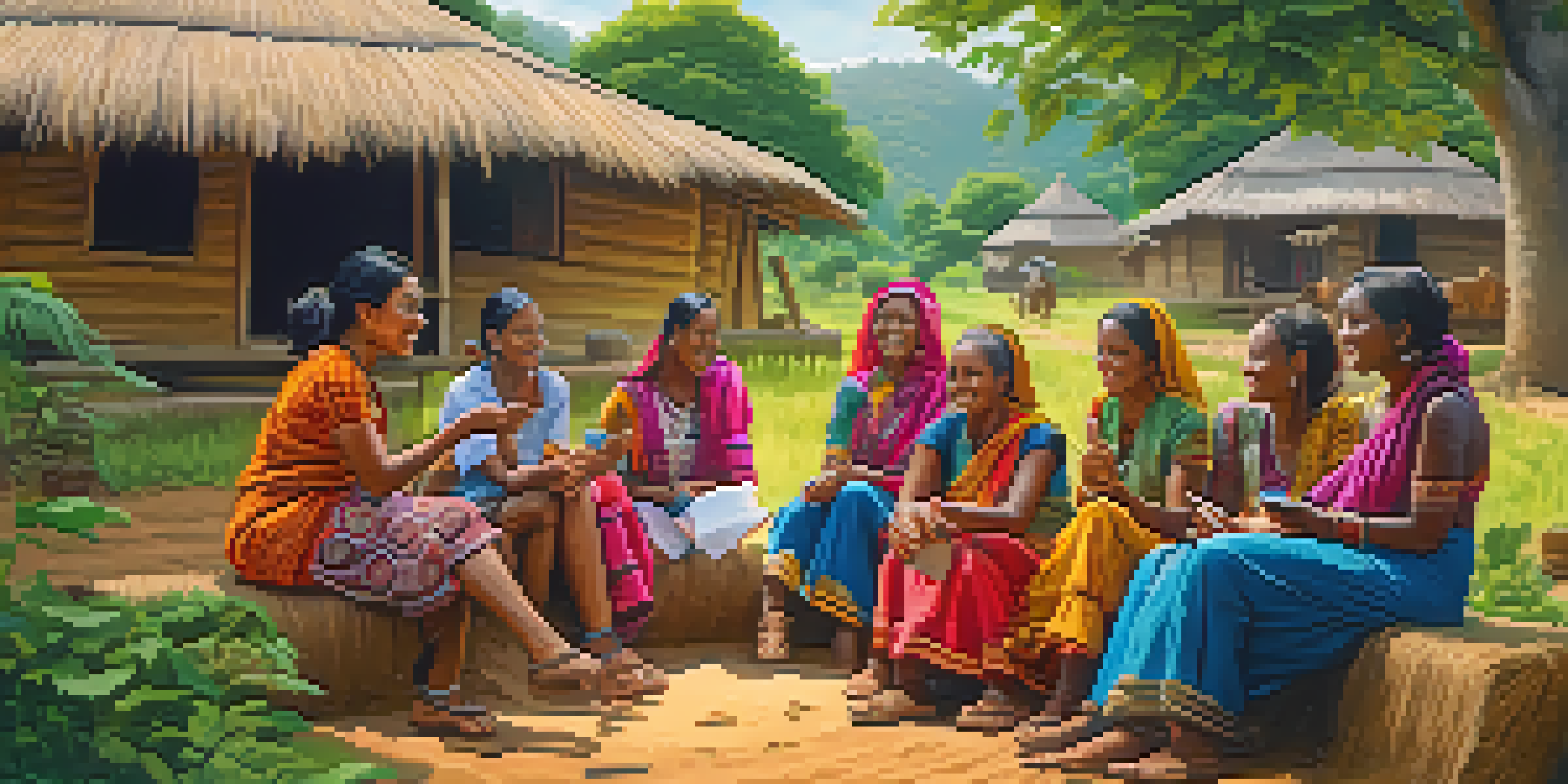 A diverse group of women in a rural village discussing Bitcoin transactions around a mobile phone, with greenery and traditional huts in the background.