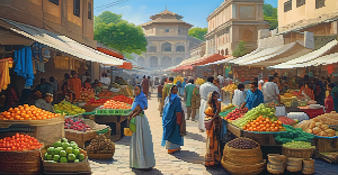 A lively marketplace filled with vendors and customers surrounded by bright fruits, vegetables, and traditional textiles under a clear blue sky.