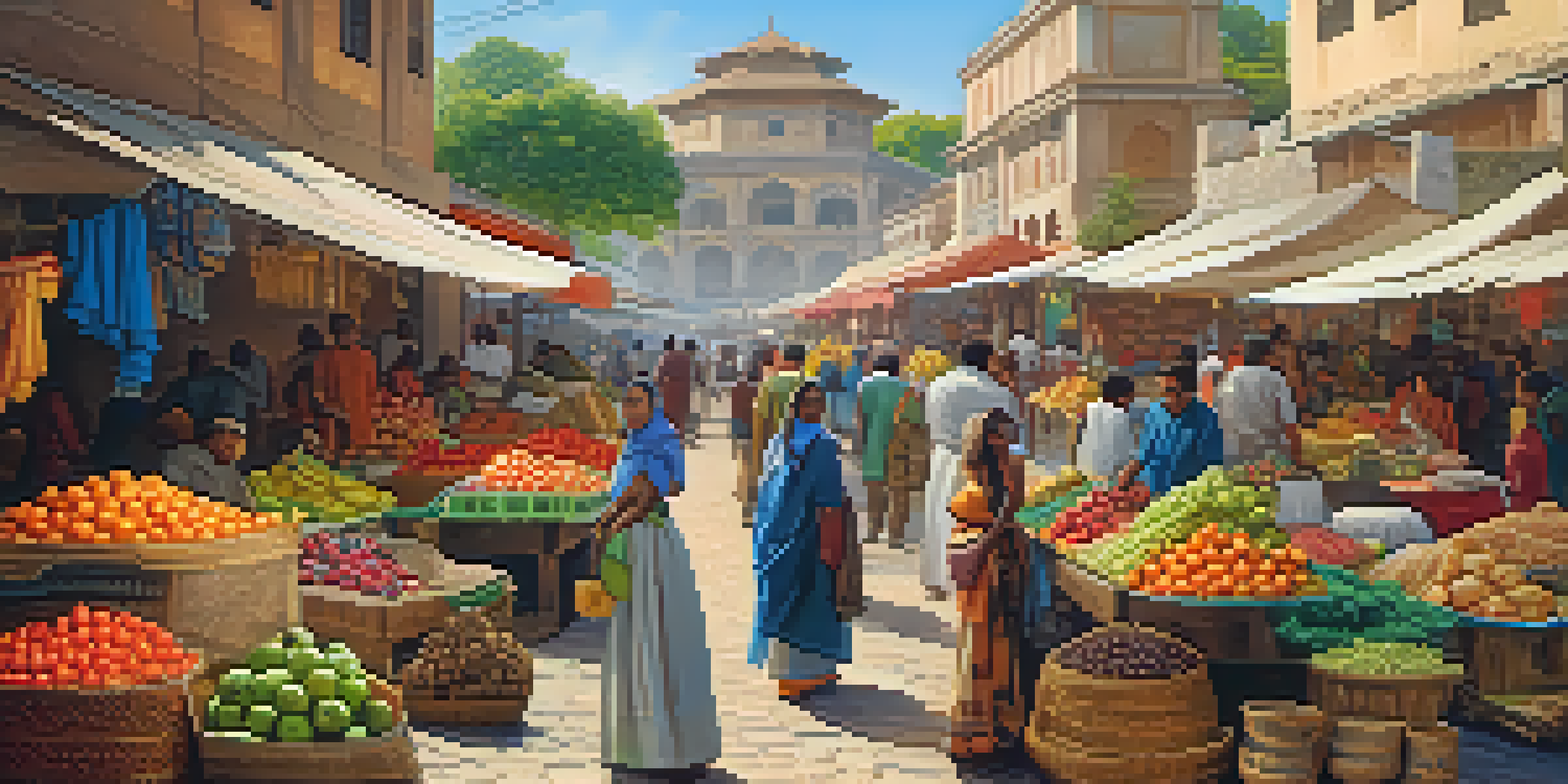 A lively marketplace filled with vendors and customers surrounded by bright fruits, vegetables, and traditional textiles under a clear blue sky.