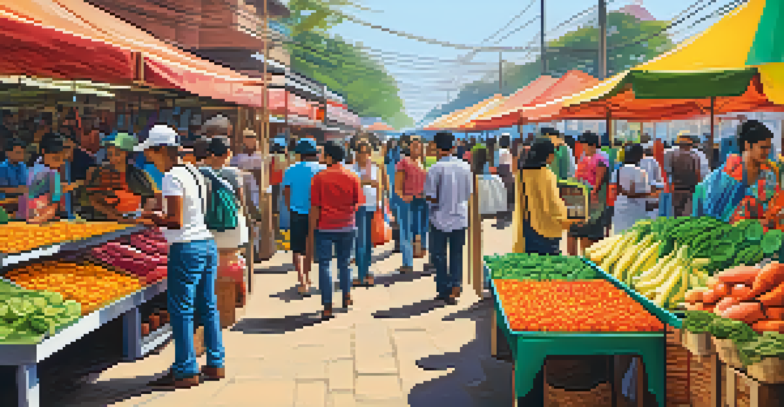 A diverse group of people using smartphones in a colorful market, illustrating financial inclusion through Bitcoin.