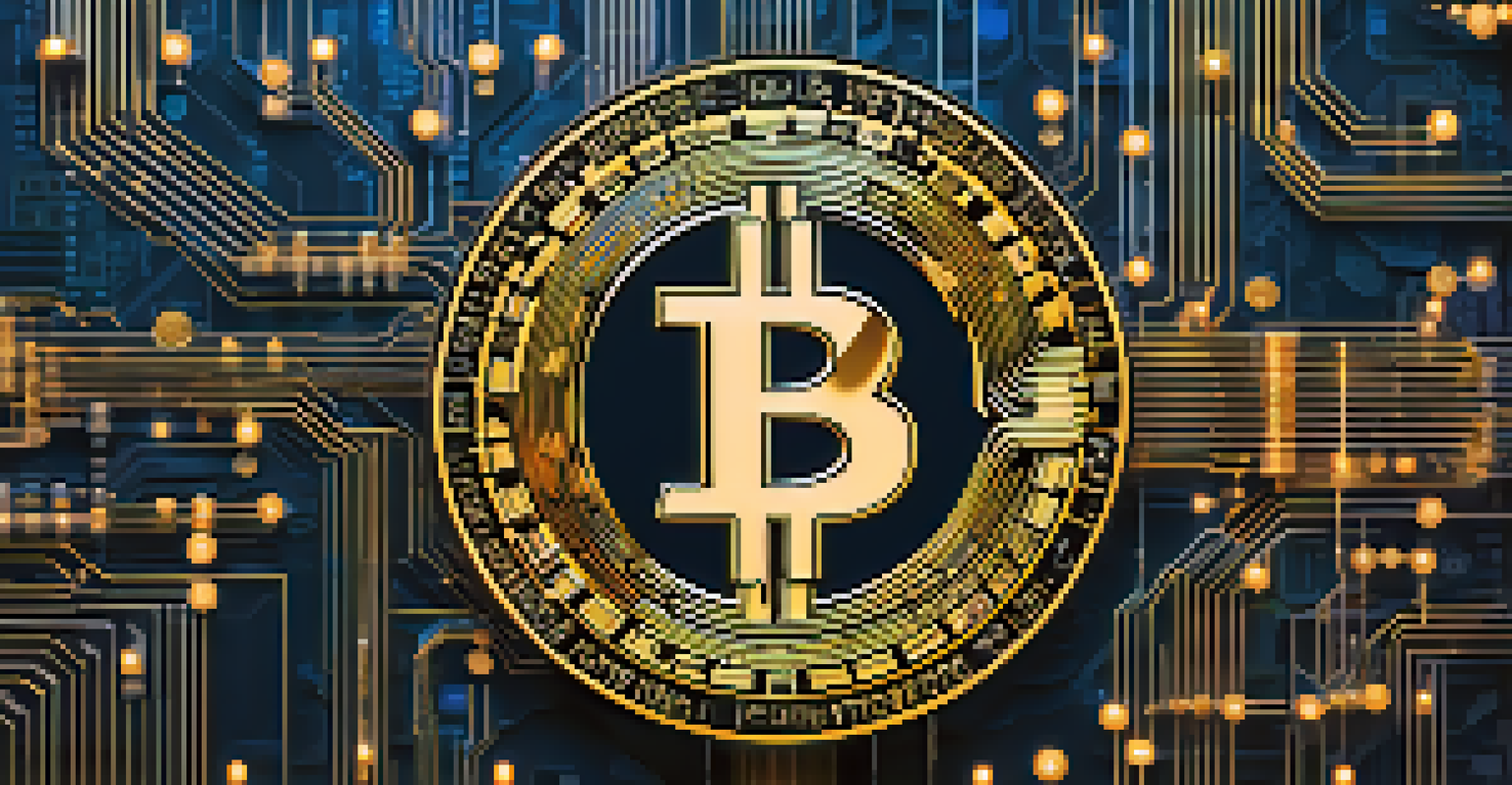 An abstract digital representation of the Bitcoin symbol surrounded by circuit patterns.