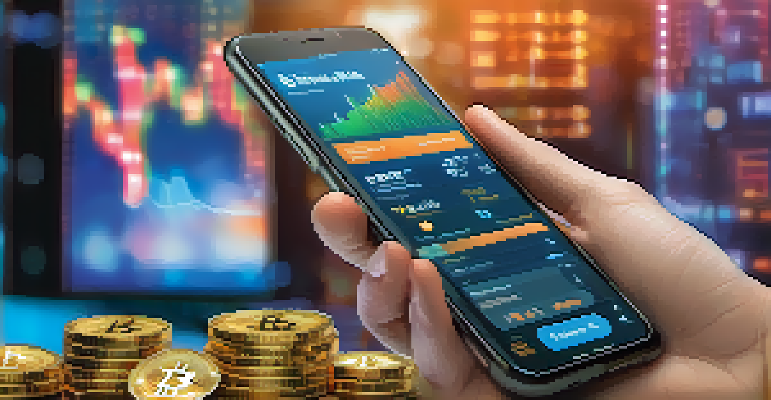 A close-up of a hand holding a smartphone with a Bitcoin wallet app, surrounded by coins and digital screens showing cryptocurrency prices.