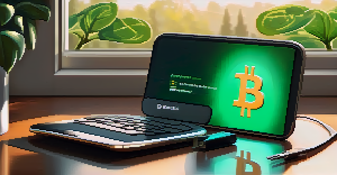 A digital wallet with Bitcoin coins on a wooden table, illuminated by soft sunlight.