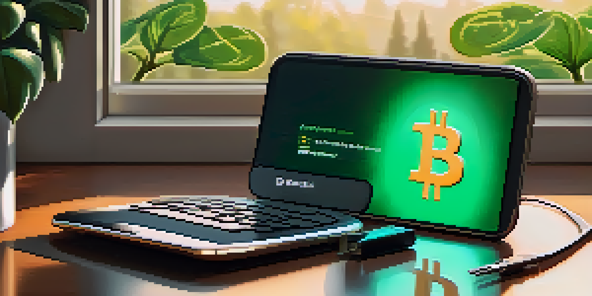 A digital wallet with Bitcoin coins on a wooden table, illuminated by soft sunlight.