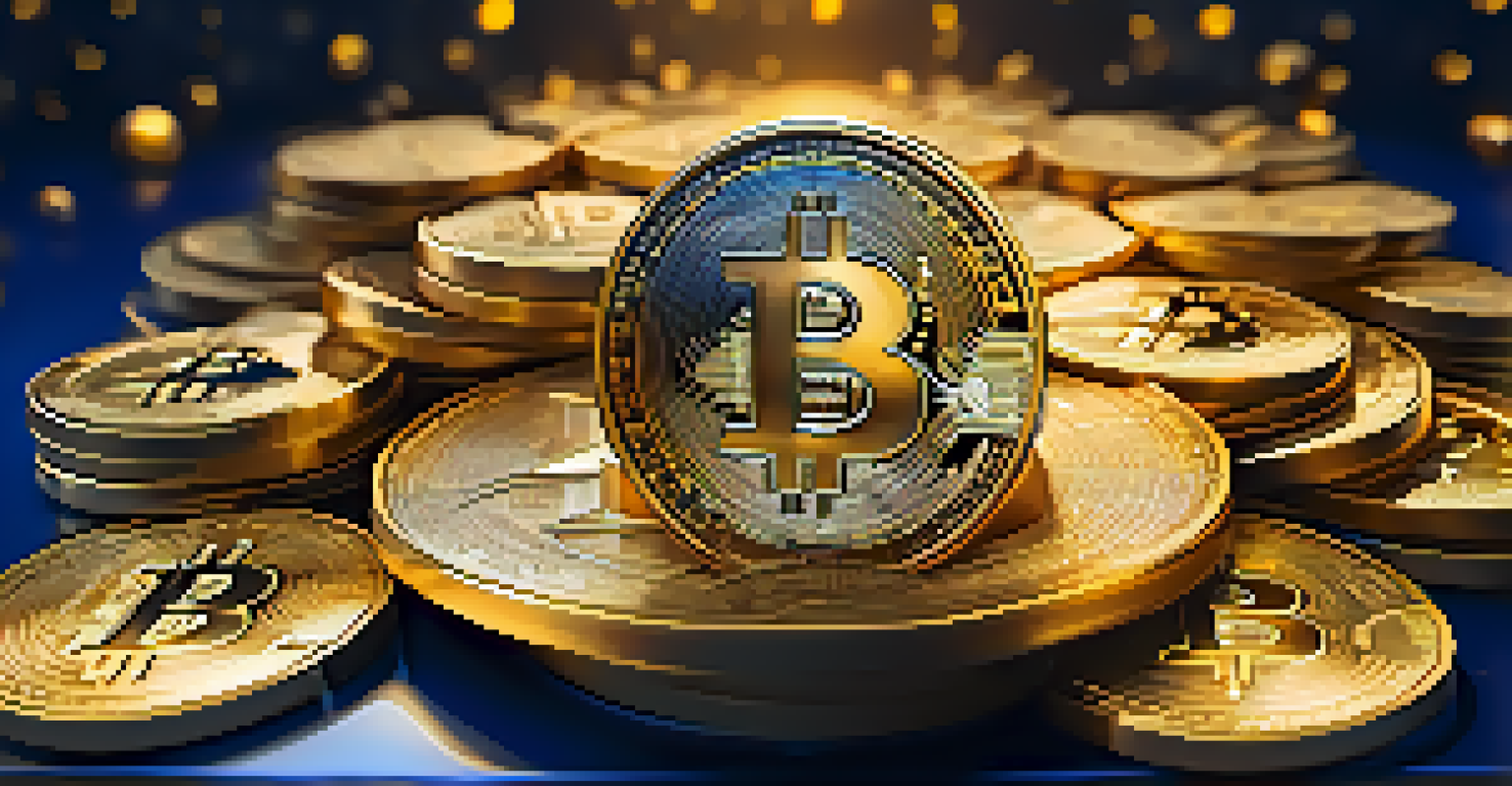 A glowing Bitcoin symbol on top of gold coins, with a blue and gold gradient background representing wealth.